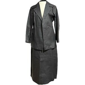 Vintage Genuine Leather Black Lined Jacket skirt  Blazer Suit Size 14 Lew Magram